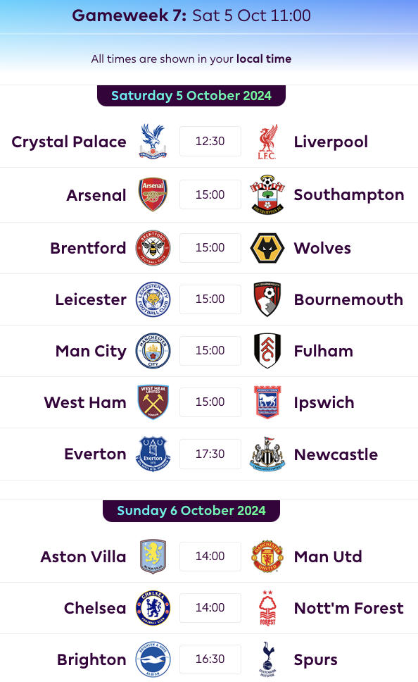 FPL GW7 Fixtures